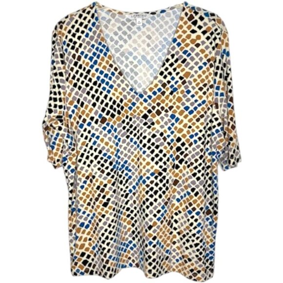 Liverpool Lapis Snake Top Short Sleeve V-Neck Knit Top - Blue/Brown/Gold - XL - Picture 2 of 9